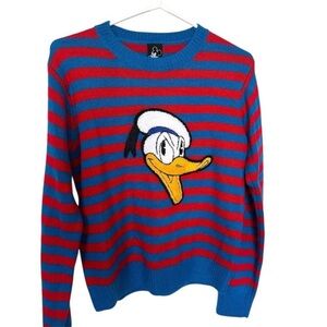 Disney + Forever 21 Sweater  small Blue Red Striped Knit Donald Duck Long Sleeve
